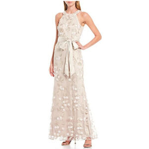 NEW $348 Eliza J Champagne Floral 3D Embroidered Halter Neck Gown